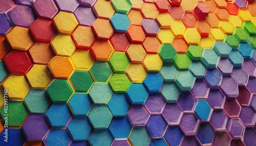 painted background texture of symmetrically arranged hexagons painted in the colors of the LGBT flag