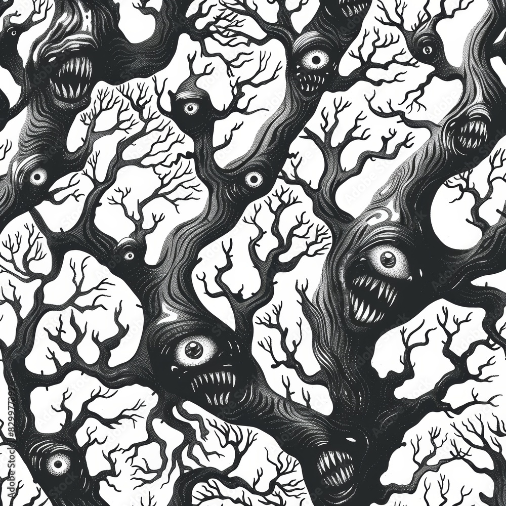 Nightmarish Tree Pattern - Eerie, Contorted Trees with Eyes and Mouths ...