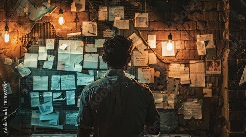 Back view of senior detective standing by evidence board and studying leads in investigation