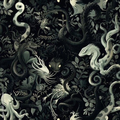 Mysterious Nightmarish Creatures Hidden in Dark Foliage Seamless Pattern for Spooky Interior Design © spyrakot