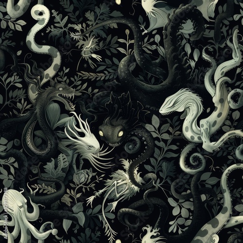 Mysterious Nightmarish Creatures Hidden in Dark Foliage Seamless Pattern for Spooky Interior Design