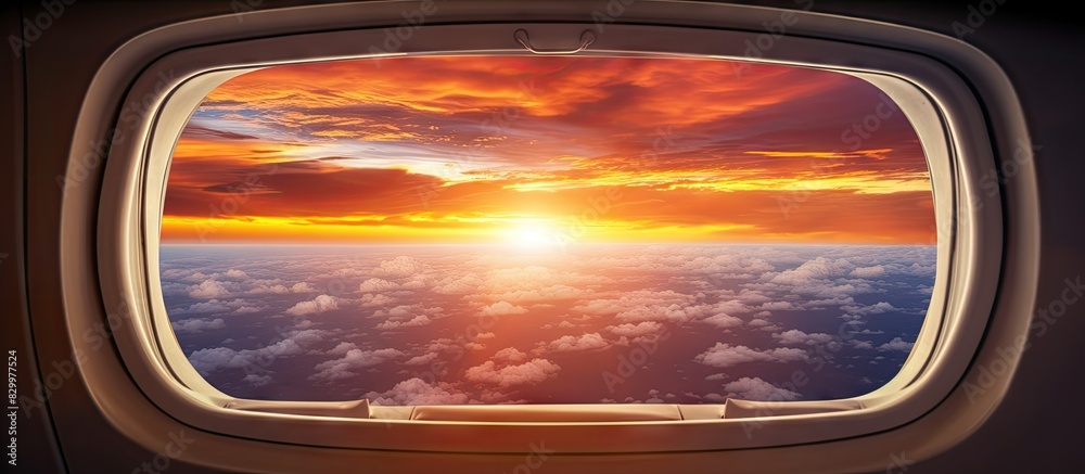 A captivating copy space image of the sunset viewed through an airplane window A captivating copy space image of the sunset viewed through an airplane window