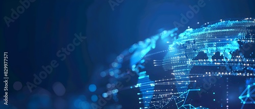 Abstract digital world map on blue background with binary code and global network connection technology concept, data transfer and cyber security in the cyberspace