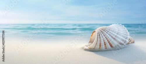 A partially buried calcified seashell dried and weathered rests in the pristine white sand of the beach Tidal ripples add to the beauty of the scene creating a serene copy space image photo