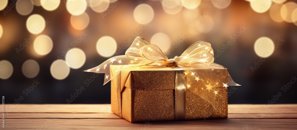 A festive gift box adorned with decorations and placed on a wooden background providing ample space for text or images Perfect for Christmas A festive gift box adorned with decorations and placed on a wooden background providing ample space for text or images Perfect for Christmas