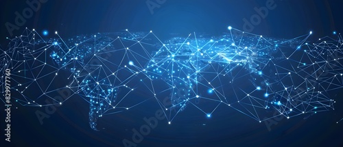 Abstract digital world map on blue background with binary code and global network connection technology concept, data transfer and cyber security in the cyberspace