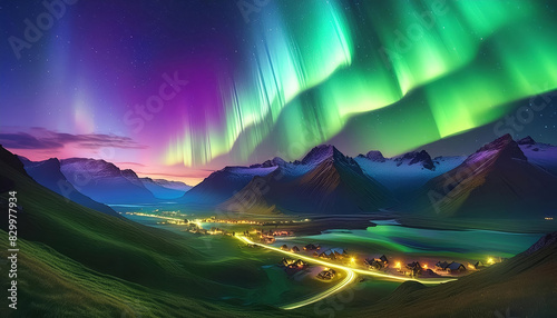 Generated image of a night landscape of a spectacular full spectrum display of the Aurora Borealis or commonly known as the northern lights. photo