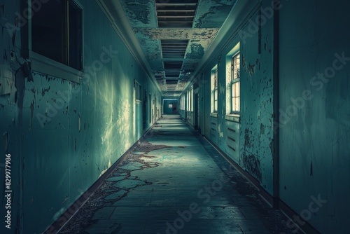 Haunted Hospital Corridor with Flickering Lights and Crumbled Walls - Eerie Atmosphere for Halloween Design
