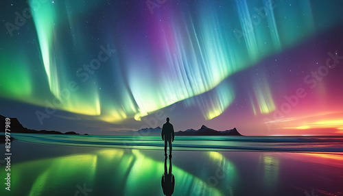 Generated image of a person in a night landscape of a spectacular full spectrum display of the Aurora Borealis or commonly known as the northern lights. photo
