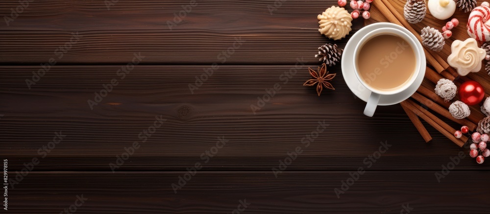 A festive mood is evoked by a top view of a high quality photo showing a hot beverage adorned with marshmallows and caramel cone sticks in a close up copy space image A festive mood is evoked by a top view of a high quality photo showing a hot beverage adorned with marshmallows and caramel cone sticks in a close up copy space image