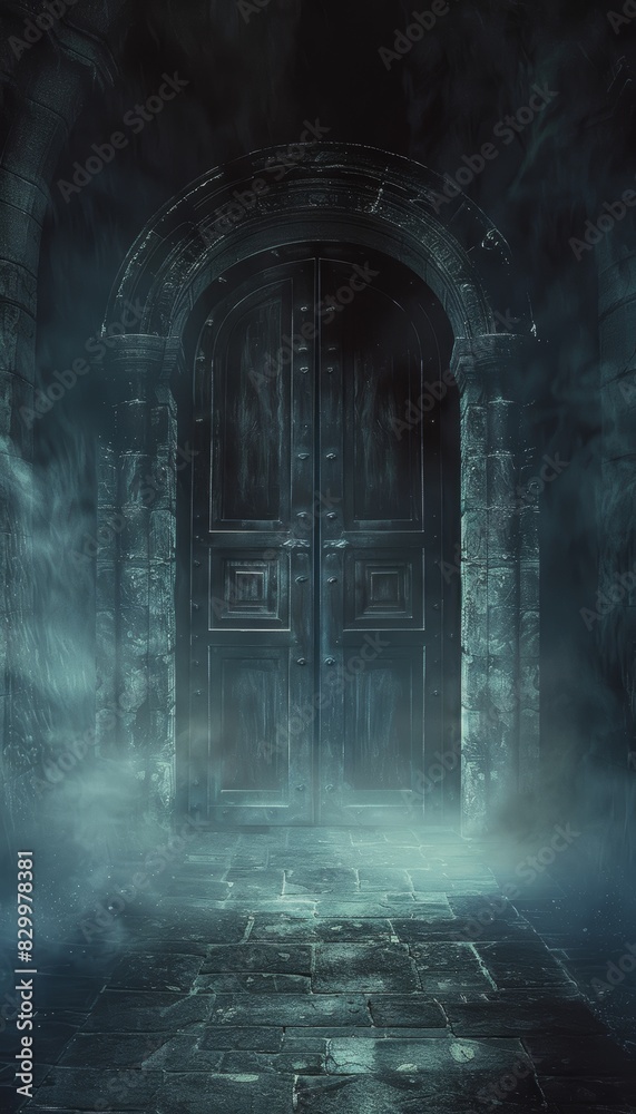 Ancient Crypt Door Partially Open with Cold Mist, Perfect for Halloween Horror Themes and Spooky Designs