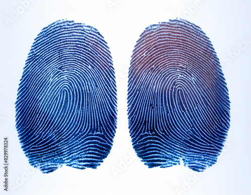 Two fingerprint patterns side by side white background, intricate ridges and whorls, biometric, forensic, security, technology, identification.