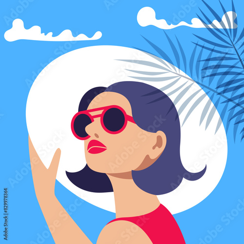 Summer illustration of a girl in a hat against the blue sky. Summer time. Summer party and travel concept. Seasonal holiday, day off, beach. Illustration for posters, cover, flyer, banner.