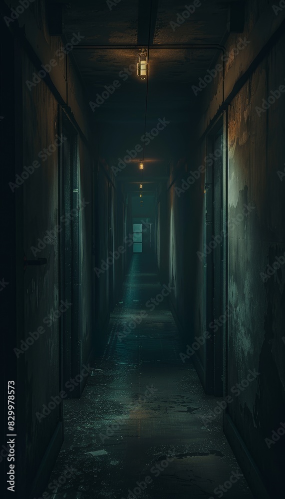 Eerie Shadowy Corridor with Flickering Lights and Ajar Doors: Nightmare Concept for Horror Design