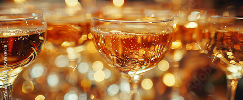 Close-up of a sparkling wine glass with golden bubbles and festive bokeh lights in the background.