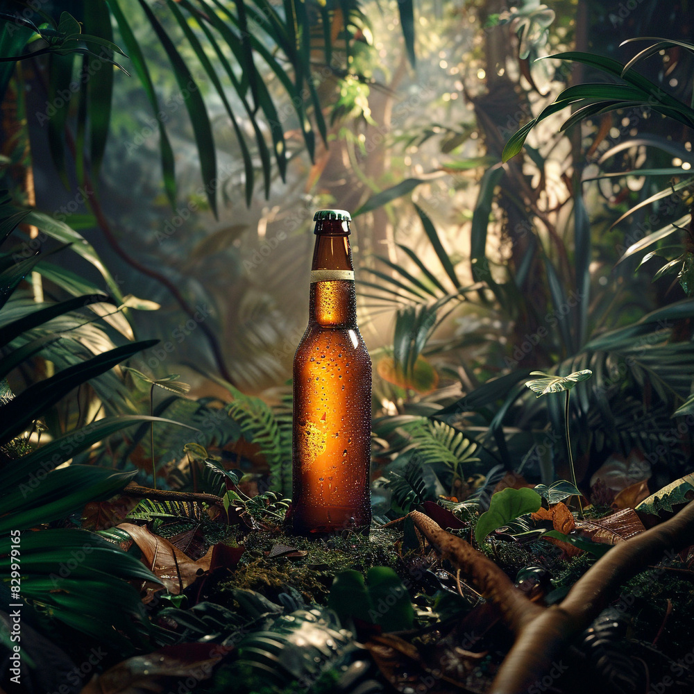 A bottle of beer in the middle of a tropical forest A bottle of beer in the middle of a tropical forest