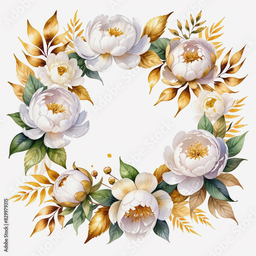 Floral Frame of White Peonies and Golden Leaves in Circular Formation on White Background. Concept  Elegance  Botanical Design. 