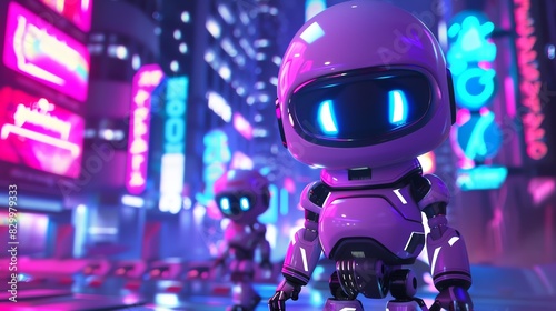 Futuristic robots exploring a neon-lit cyberpunk city street at night, showcasing advanced technology and vibrant color scheme. © AshrofS