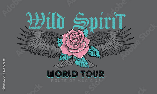 Rose power. Rock and roll vector graphic print design for apparel, stickers, posters, background and others. Wild spirit. Music artwork. Eagle wing. World music tour poster.