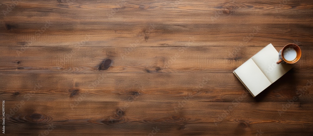 From a bird s eye perspective there is a view of an old wooden desk where a blank notebook is placed providing ample empty space for an image or text From a bird s eye perspective there is a view of an old wooden desk where a blank notebook is placed providing ample empty space for an image or text