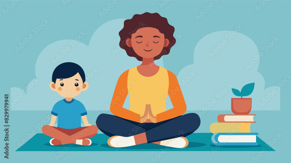 A young boy with his eyes closed sits in a comfortable position listening intently to the soothing voice of his teacher guiding the class through a meditation session.. Vector illustration A young boy with his eyes closed sits in a comfortable position listening intently to the soothing voice of his teacher guiding the class through a meditation session.. Vector illustration
