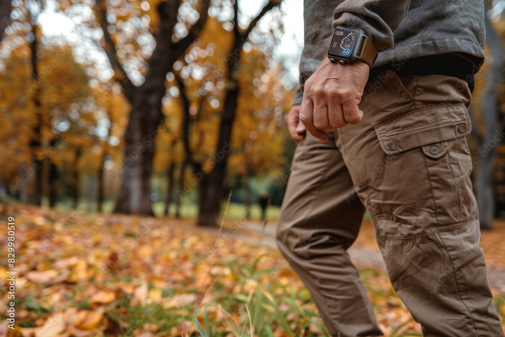 Elderly Man Using Smartwatch for Health Monitoring in Autumn Park - Real-Time Health Data Display, Active Senior Lifestyle Elderly Man Using Smartwatch for Health Monitoring in Autumn Park - Real-Time Health Data Display, Active Senior Lifestyle