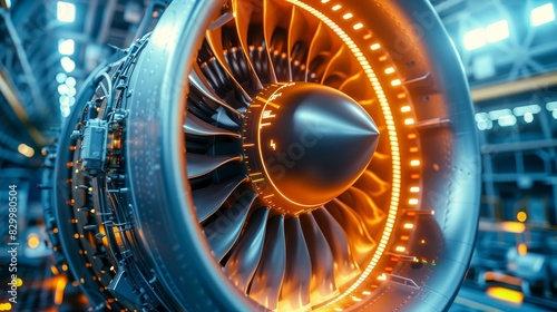 Turbine Engine Jet Blades Illuminated in a Hangar