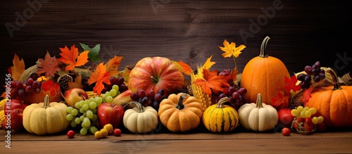Festive autumn decorations including pumpkins berries and leaves evoking the spirit of Thanksgiving day or Halloween A copy space image adds to the charm