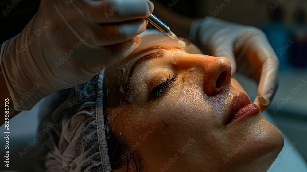 Woman with facial mask undergoing skin cleaning at beauty clinic
