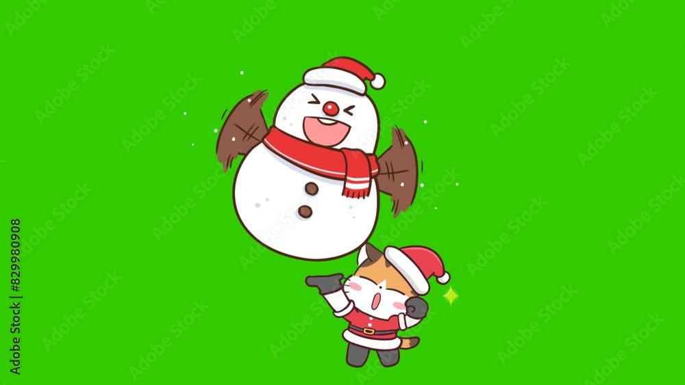 Animated Santa Cat Lifting Snowman - Green Screen Animated Santa Cat Lifting Snowman - Green Screen