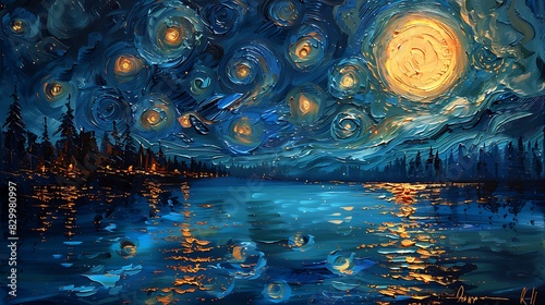 Starry Night is an oil painting on canvas in the style of Van Gogh