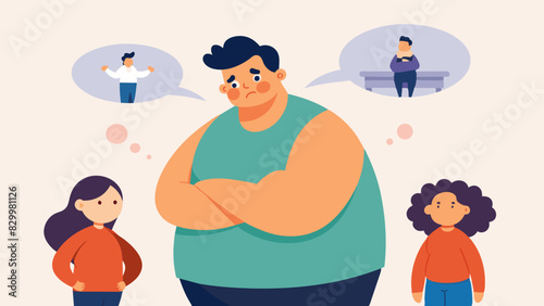 An innocent comment from a family member about his weight sends the man spiraling into selfdoubt and body shaming.. Vector illustration