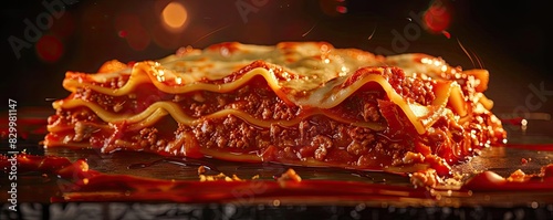Close-up of a delicious, cheesy lasagna slice with rich tomato sauce and golden layers, perfect for Italian cuisine lovers.