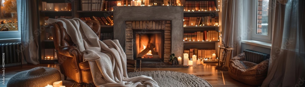 Cozy living room with a lit fireplace, warm blankets, bookshelves, and candles creating a relaxing and inviting atmosphere. Cozy living room with a lit fireplace, warm blankets, bookshelves, and candles creating a relaxing and inviting atmosphere.