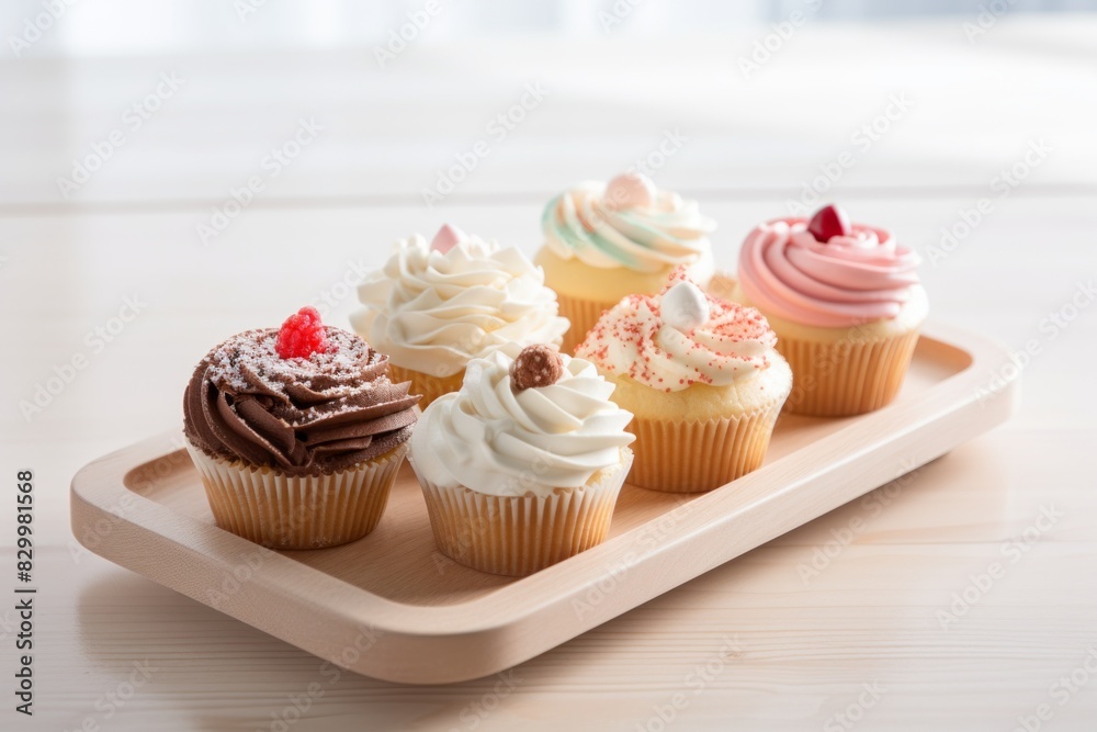 Tasty cupcakes on a plastic tray against a whitewashed wood background Tasty cupcakes on a plastic tray against a whitewashed wood background