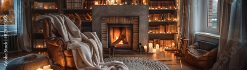 Cozy living room with a lit fireplace, warm blankets, bookshelves, and candles creating a relaxing and inviting atmosphere.
