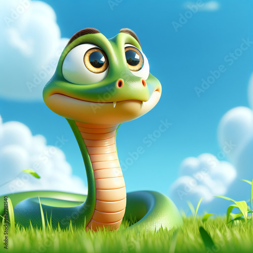 Cute Cartoon Green Snake on Green Meadow with Blue Sky and Clouds, Symbolizing 2025. Concept: Serene, Nature-Inspired Design.