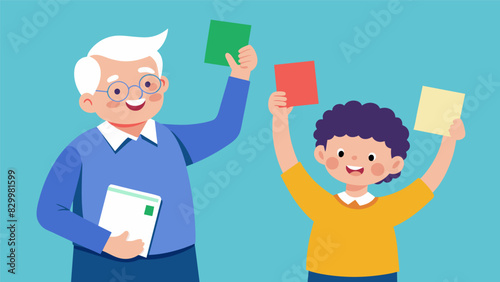 An older student holds up flashcards for a younger student to read praising their progress with each one they correctly identify.. Vector illustration