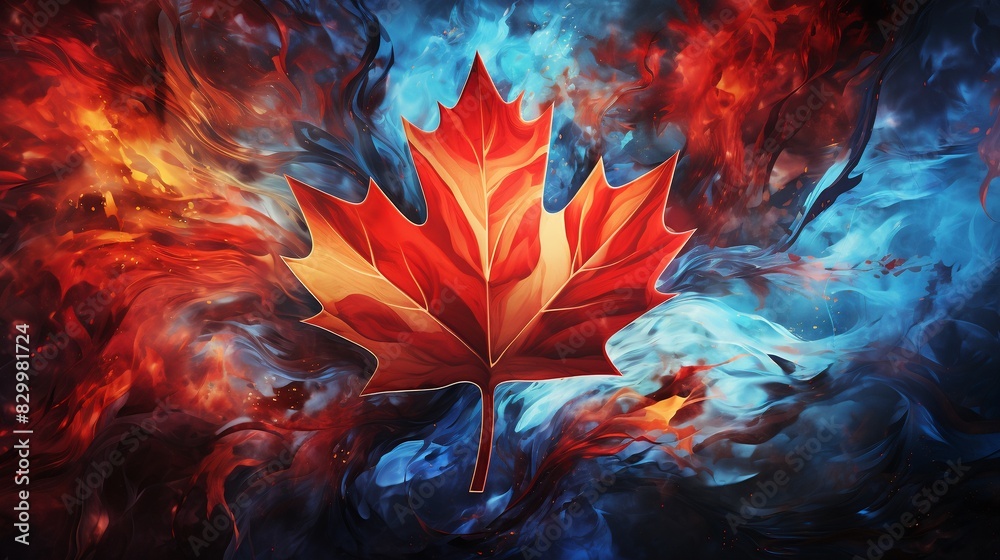 Fototapeta premium Canadian flag with fire and water elements intertwined, surreal style, digital painting, contrasting hues 8K , high-resolution, ultra HD,up32K HD