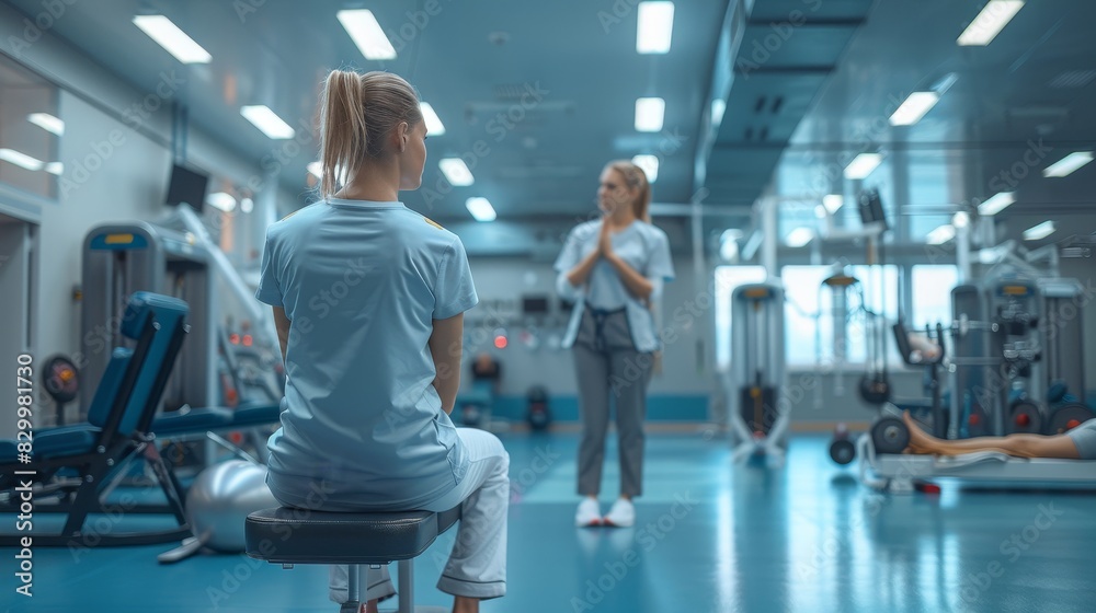 A physical therapist instructs a patient on exercises in a gym setting. A physical therapist instructs a patient on exercises in a gym setting.