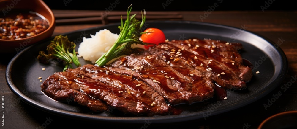 Beef steak with sauce a delicious Korean barbecue dish copy space image