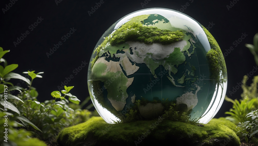 World environment day, Surrounding the globe are small plants and leaves extending outward, symbolizing nature and environmental growth against a dark blurred background World environment day, Surrounding the globe are small plants and leaves extending outward, symbolizing nature and environmental growth against a dark blurred background