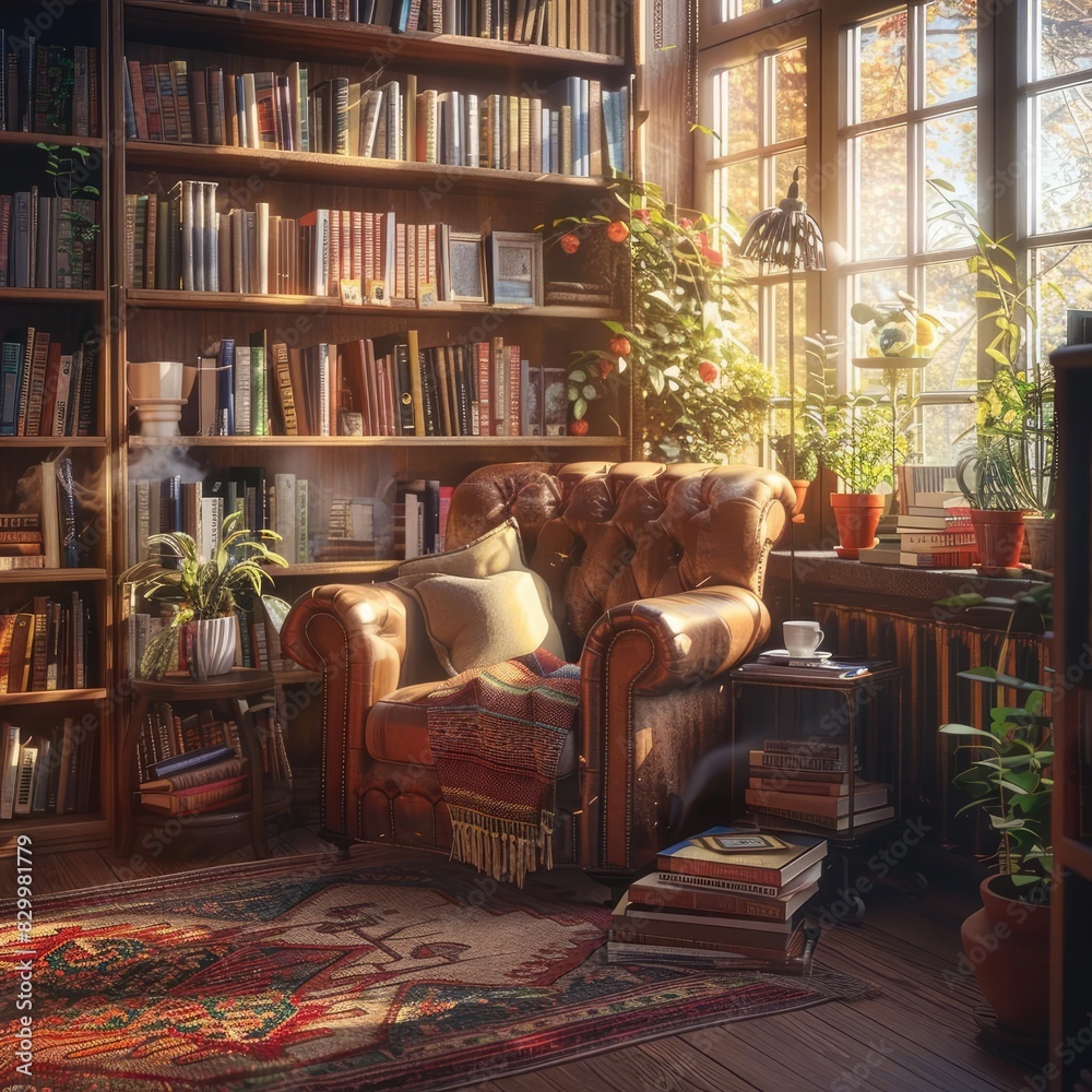 Cozy reading corner with an armchair, bookshelf, and sunlight streaming through a window, creating a warm and inviting atmosphere. Cozy reading corner with an armchair, bookshelf, and sunlight streaming through a window, creating a warm and inviting atmosphere.