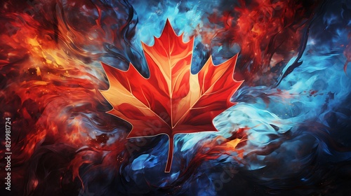 Canadian flag with fire and water elements intertwined  surreal style  digital painting  contrasting hues 8K   high-resolution  ultra HD up32K HD