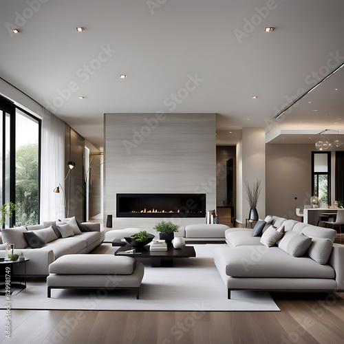 modern neutral living room large fireplace