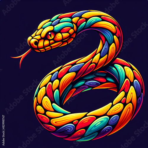 Vibrant Multicolored Graphic Snake Symbolizing 2025 on Isolated Background. Concept: Symbolism, New Year.