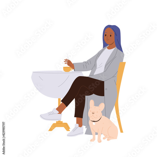 Trendy fashion woman isolated cartoon character with cute pug dog visiting pet-friendly cafeteria
