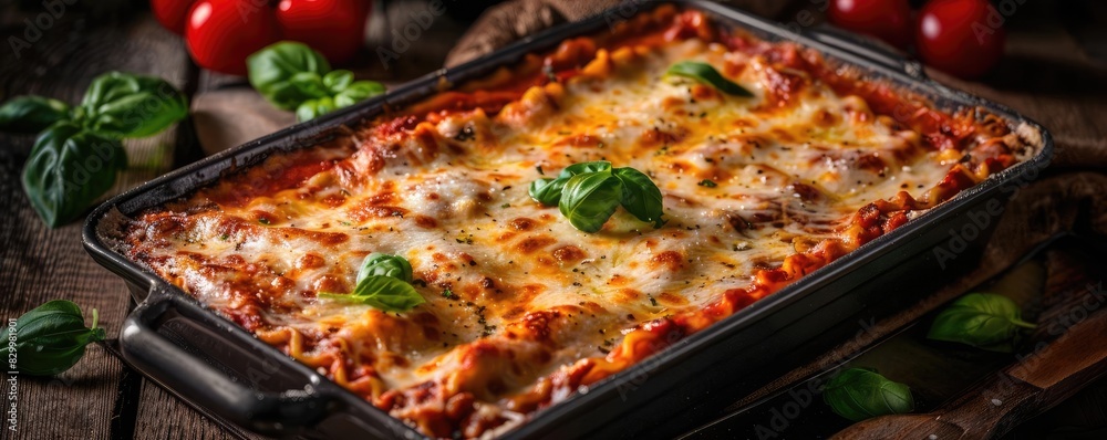 Close-up of a freshly baked lasagna with a golden, cheesy crust, garnished with basil leaves, surrounded by fresh tomatoes and herbs. Close-up of a freshly baked lasagna with a golden, cheesy crust, garnished with basil leaves, surrounded by fresh tomatoes and herbs.