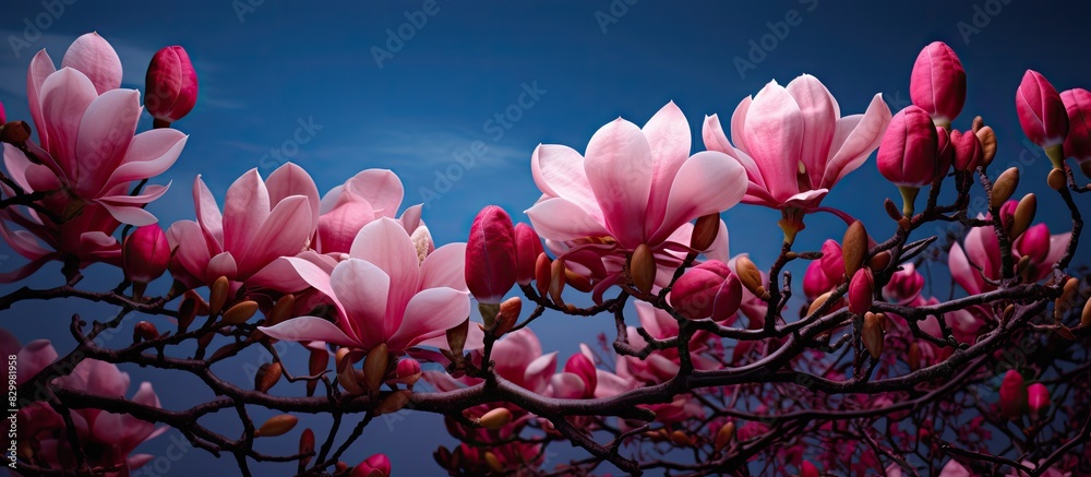 Fototapeta premium The maroon magnolia flowers stand out in the sunlight creating a striking contrast with the dark sky in the background The composition allows for copy space in the image