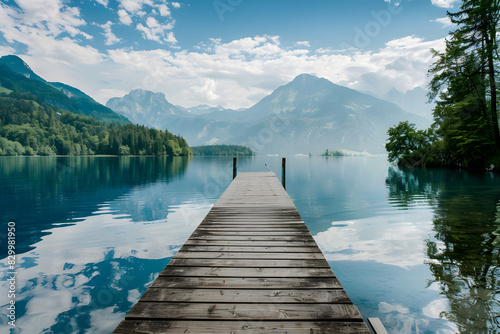 A peaceful wooden dock extending into a serene mountain lake  surrounded by majestic peaks and lush greenery under a clear blue sky